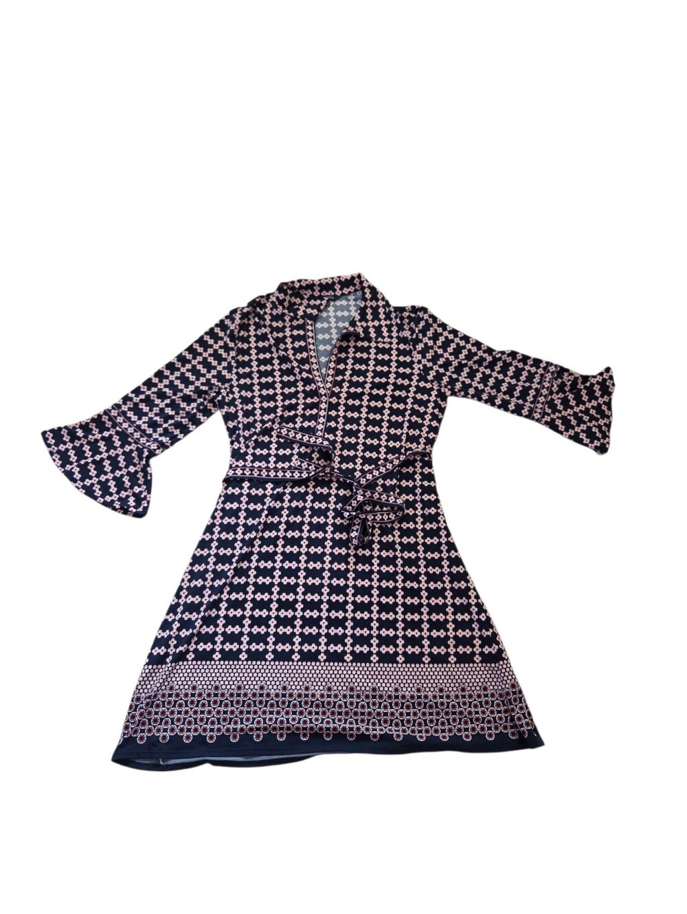 Max Edition navy/red print 3/4 sleeve collared dress with tie, L. EUC.